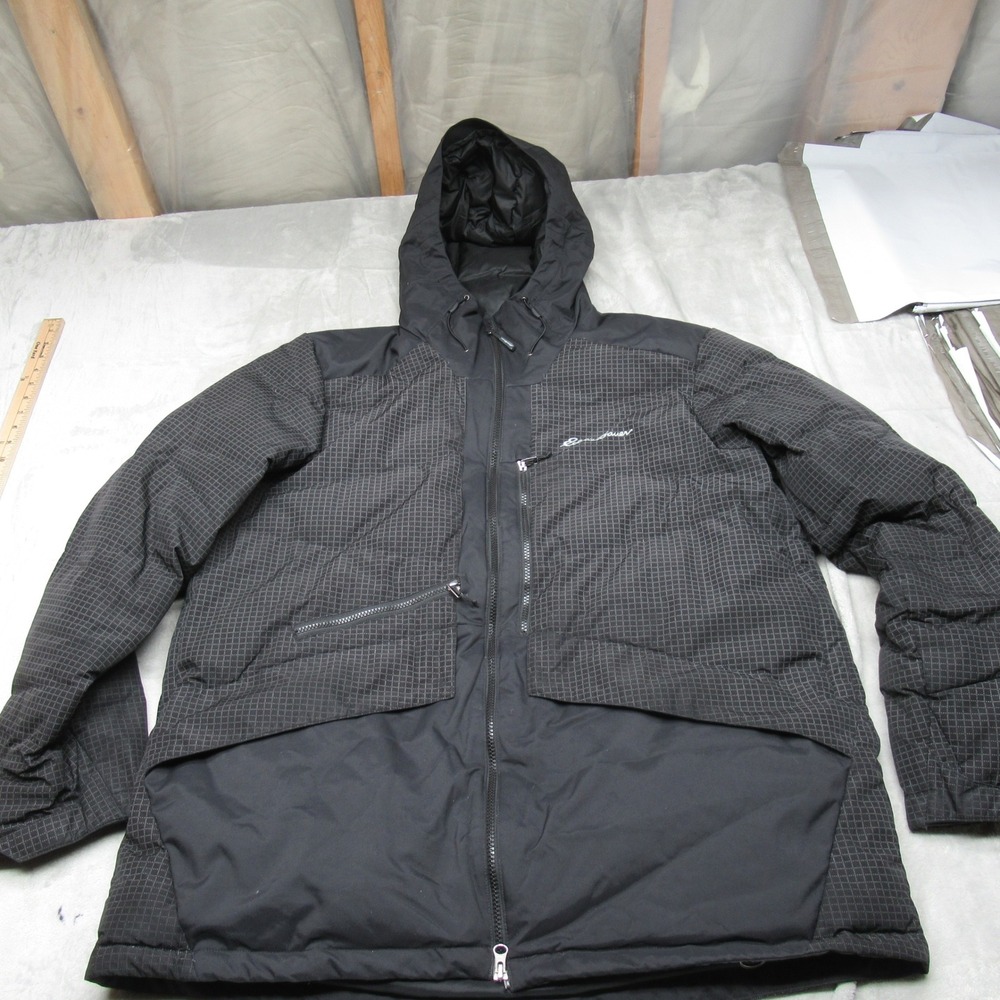 Eddie Bauer Down Jacket Mens XL Black‎ Check Hooded Puffer Insulated Rain Wind